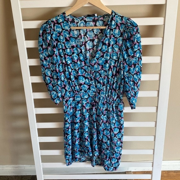 Zara Blue Floral Balloon Sleeve Faux Wrap Mini Dress- Bloggers Fave Size Medium - Picture 6 of 16